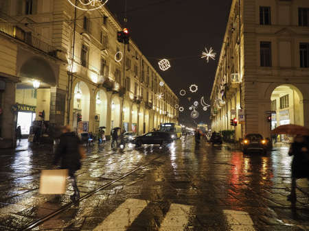 TURIN, ITALY - CIRCA DECEMBER 2019: Night view of Via Po streetのeditorial素材