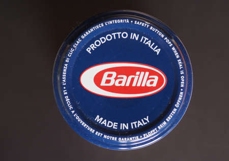 PARMA, ITALY - CIRCA DECEMBER 2019: Barilla sign on jar capのeditorial素材