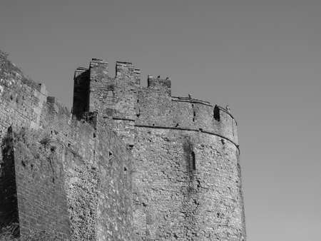 Ruins of Chepstow Castle (Castell Cas-gwent in Welsh) in Chepstow, UK in black and whiteのeditorial素材