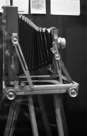 CHEPSTOW, UK - CIRCA SEPTEMBER 2019: Vintage camera at Chepstow Museum in black and white