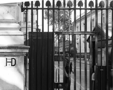 LONDON, UK - CIRCA SEPTEMBER 2019: Number 10 Downing Street headquarters of the Government and official residence of the Prime Minister of the United Kingdom in black and whiteのeditorial素材