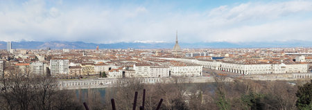 TURIN, ITALY - CIRCA FEBRUARY 2020: Wide panoramic aerial view of the city of Turin seen from the hillのeditorial素材