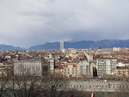 TURIN, ITALY - CIRCA FEBRUARY 2020: Aerial view of the city