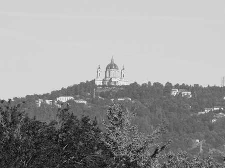 Basilica di Superga church on Turin hills, Italy in black and whiteの写真素材