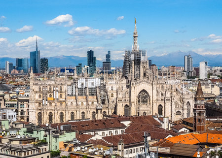 Aerial view of Duomo di Milano gothic cathedral church in Milan, Italyのeditorial素材