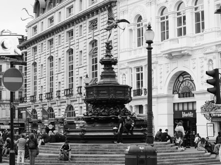 LONDON, UK - CIRCA SEPTEMBER 2019: Piccadilly Circus with statue of Anteros aka Eros in black and whiteのeditorial素材