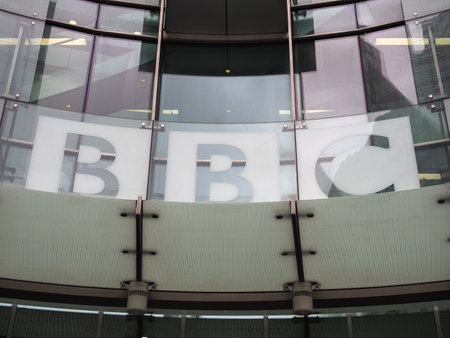 LONDON, UK - CIRCA SEPTEMBER 2019: BBC Sign at Broadcasting House headquarters of the British Broadcasting Corporation in Portland Placeのeditorial素材