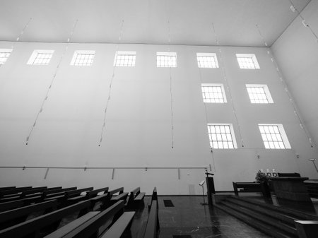 AACHEN, GERMANY - CIRCA AUGUST 2019: Fronleichnamskirche (meaning Corpus Christi church) designed by Rudolf Schwarz in black and whiteのeditorial素材