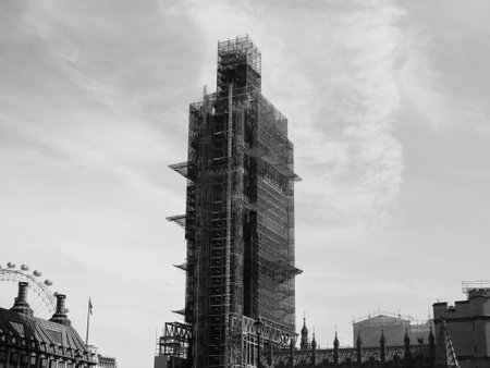 LONDON, UK - CIRCA SEPTEMBER 2019: Big Ben conservation works at the Houses of Parliament aka...