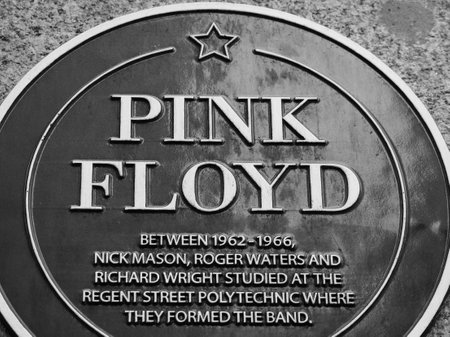 LONDON, UK - CIRCA SEPTEMBER 2019: Pink Floyd plaque at Regent Street Polytechnic where they studied...