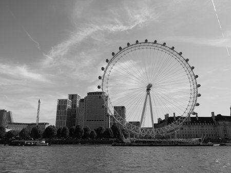 LONDON, UK - CIRCA SEPTEMBER 2019: The London Eye ferris wheel on the South Bank of River Thames aka Millennium Wheel in black and whiteのeditorial素材