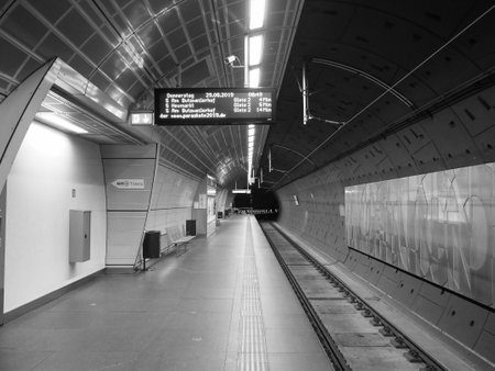 KOELN, GERMANY - CIRCA AUGUST 2019: Rathaus (Town Hall) subway station in black and whiteのeditorial素材