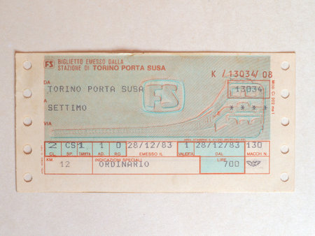 TURIN, ITALY - CIRCA JUNE 2020: Vintage Italian Ferrovie dello Stato train ticketのeditorial素材