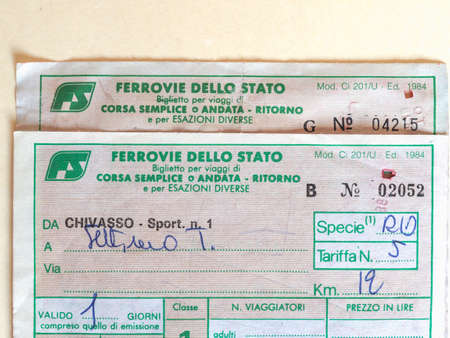 TURIN, ITALY - CIRCA JUNE 2020: Vintage Italian Ferrovie dello Stato train ticketのeditorial素材