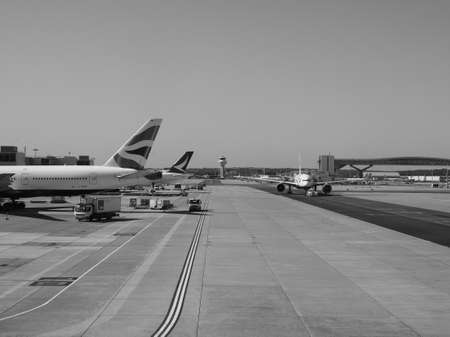 GATWICK, UK - CIRCA SEPTEMBER 2019: London Gatwick Airport runway in black and whiteのeditorial素材