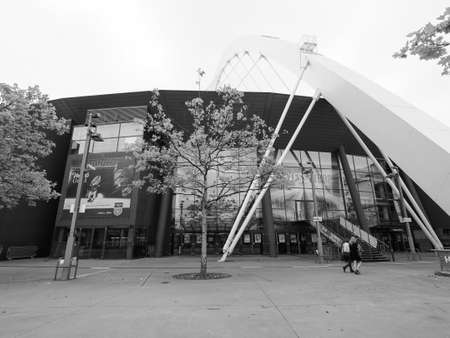 KOELN, GERMANY - CIRCA AUGUST 2019: Koelnmesse (meaning Cologne Trade Fair) in black and white