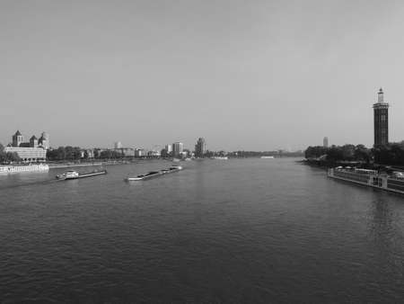 KOELN, GERMANY - CIRCA AUGUST 2019: View of the city skyline from the river in black and whiteのeditorial素材