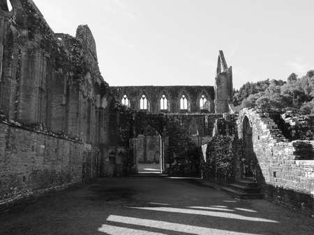 TINTERN, UK - CIRCA SEPTEMBER 2019: Tintern Abbey (Abaty Tyndyrn in Welsh) ruins in black and whiteのeditorial素材