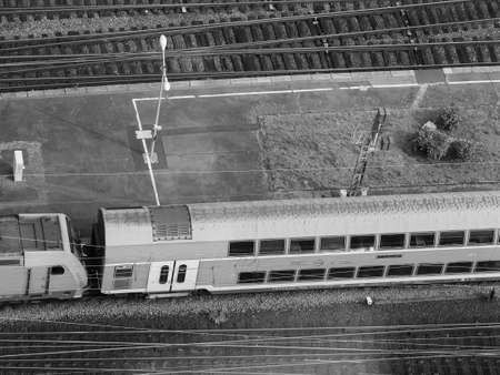 KOELN, GERMANY - CIRCA AUGUST 2019: Regional train aerial view in black and whiteのeditorial素材