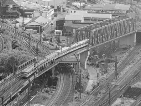 KOELN, GERMANY - CIRCA AUGUST 2019: Regional train aerial view in black and whiteのeditorial素材