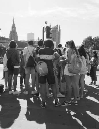 LONDON, UK - CIRCA SEPTEMBER 2019: People in the city centre in black and whiteのeditorial素材