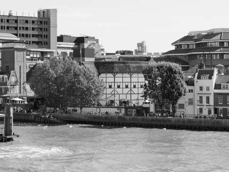 LONDON, UK - CIRCA SEPTEMBER 2019: The Shakespeare Globe Theatre in black and whiteのeditorial素材