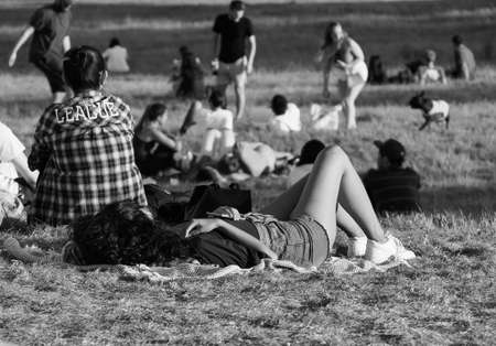 LONDON, UK - CIRCA SEPTEMBER 2019: People on Primrose Hill north of Regent's Park in black and whiteのeditorial素材