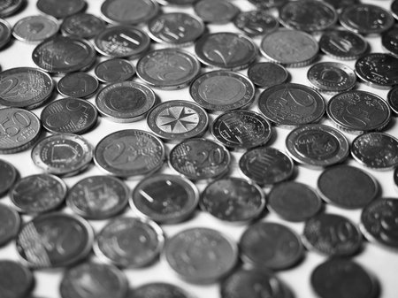 Euro coins money (EUR), currency of European Union in black and whiteの写真素材