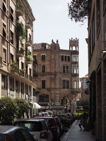 TURIN, ITALY - CIRCA AUGUST 2021: Historical neo gothic building with turret bow window in Via Pietro miccaのeditorial素材