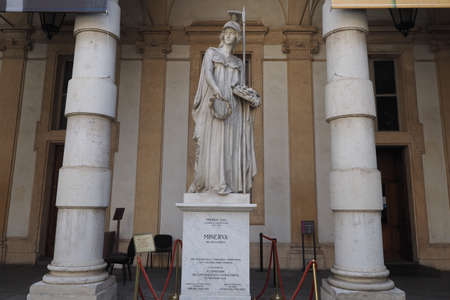 TURIN, ITALY - CIRCA AUGUST 2021: Statue of Minerva goddess of science at Turin University circa 1858 by sculptor Vincenzo Velaのeditorial素材