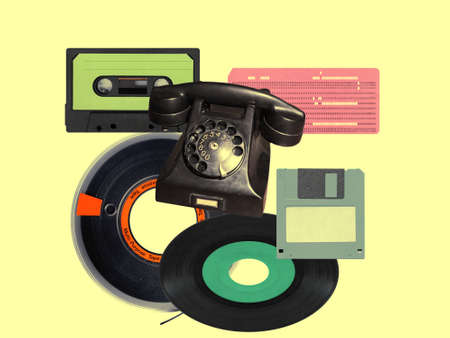 vintage technology including rotary telephone, punched card, tape cassette, floppy disk, vinyl...