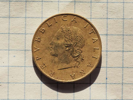vintage 20 liras coin money (ITL), currency of Italyの写真素材