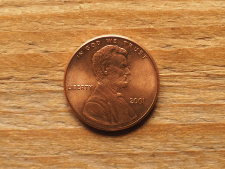 one cent coin, obverse side showing Lincoln portrait, currency of the United States