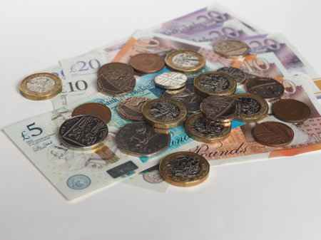 Pound coins and banknotes money currency of United Kingdomの写真素材