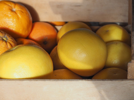 citrus fruits including oranges and grapefruit in a wooden crateの写真素材