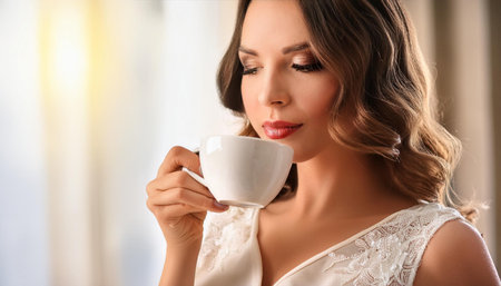 gorgeous woman drinking tea, AI generated imageの写真素材