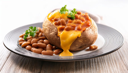 jacket potato with baked beans and cheddar cheese, AI generated imageの写真素材