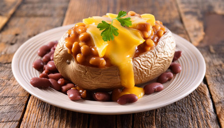 jacket potato with baked beans and cheddar cheeseの写真素材