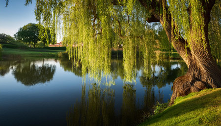 english garden with willow tree by the pond scenery, AI generated imageの写真素材