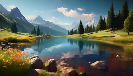 tranquil mountain landscape scenery, AI generated imageの写真素材