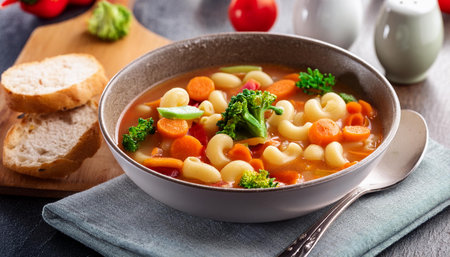 vegetarian minestrone soup with mixed vegetables, AI generated imageの写真素材