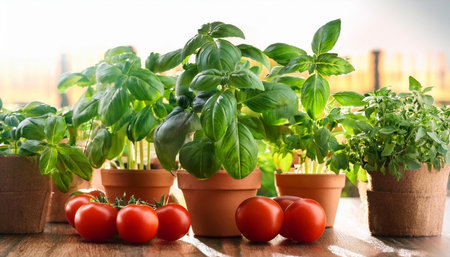 basil plants and tomatoes, AI generated imageの写真素材