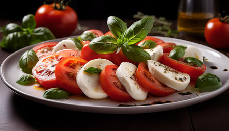 caprese salad dish with tomoatoes and mozzarella cheese, AI generated imageの写真素材