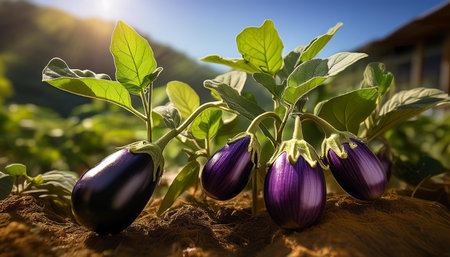field of aubergine plants, AI generated imageの写真素材