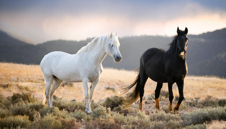 black and white horses in the wilderness, AI generated imageの写真素材