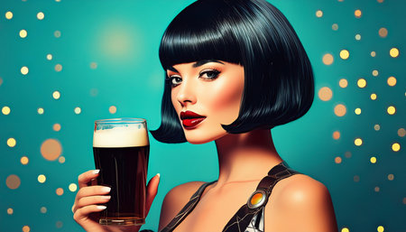 woman bob haircut sixties retro futuristic style drinking beer pintの写真素材