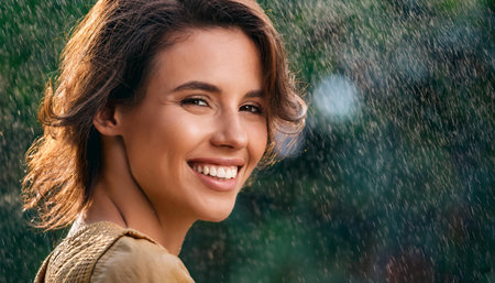 pretty young woman smiling in the rain, AI generated imageの素材