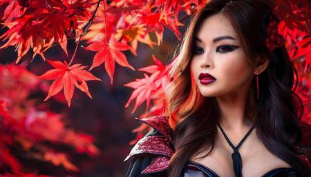 pretty young woman under red maple tree, AI generated imageの素材