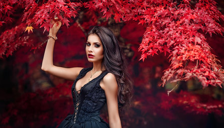 pretty young woman under red maple tree, AI generated imageの素材