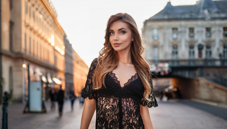 pretty young woman in black lace dress, AI generated imageの素材